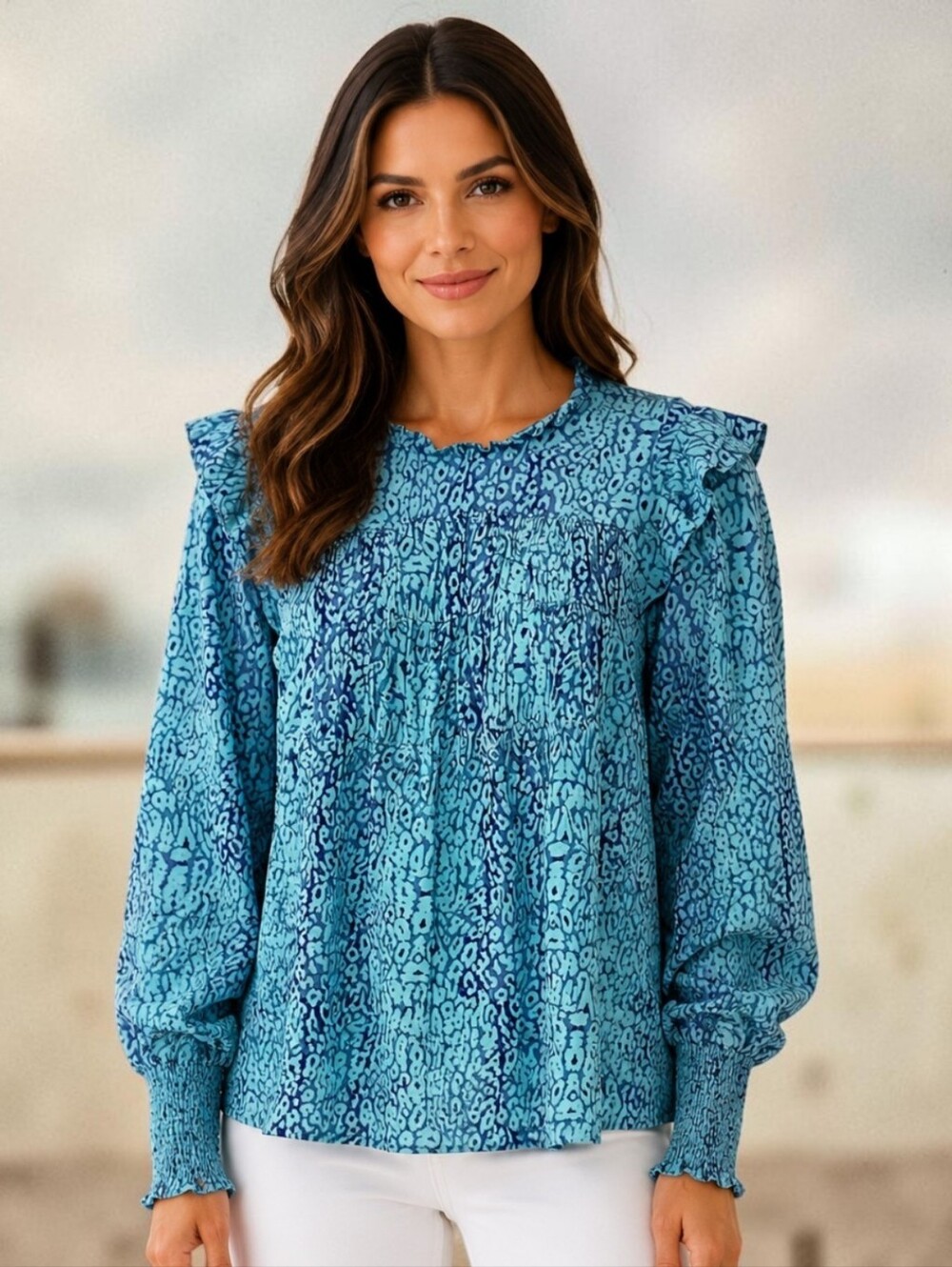 Rails Babydoll Blouse M‎ Ruffled Floral Jewel Smocked High Neck Bohemian Cheetah